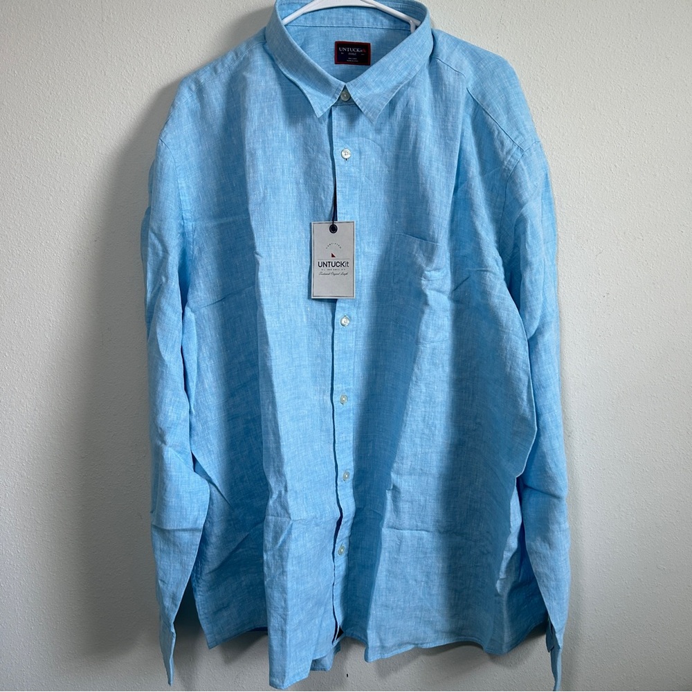 UNTUCKit 100% Linen Mens Long Sleeve Button-up Shirt Blue 3XLC Regular Fit New